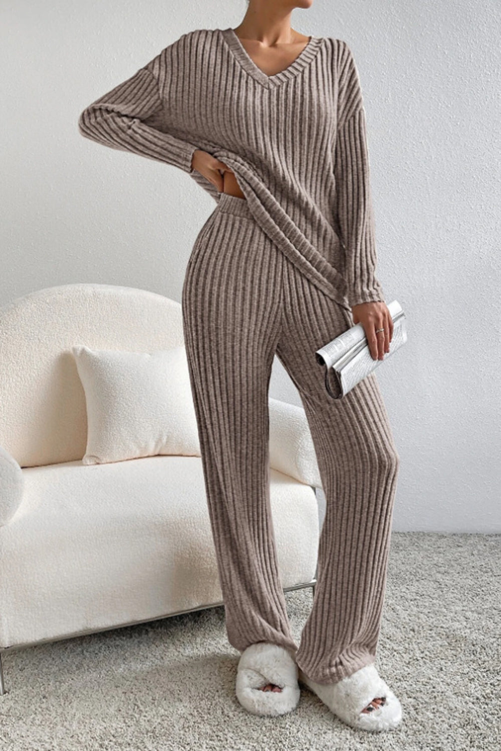 Ribbed V-Neck Top and Pants Set - AllIn Computer