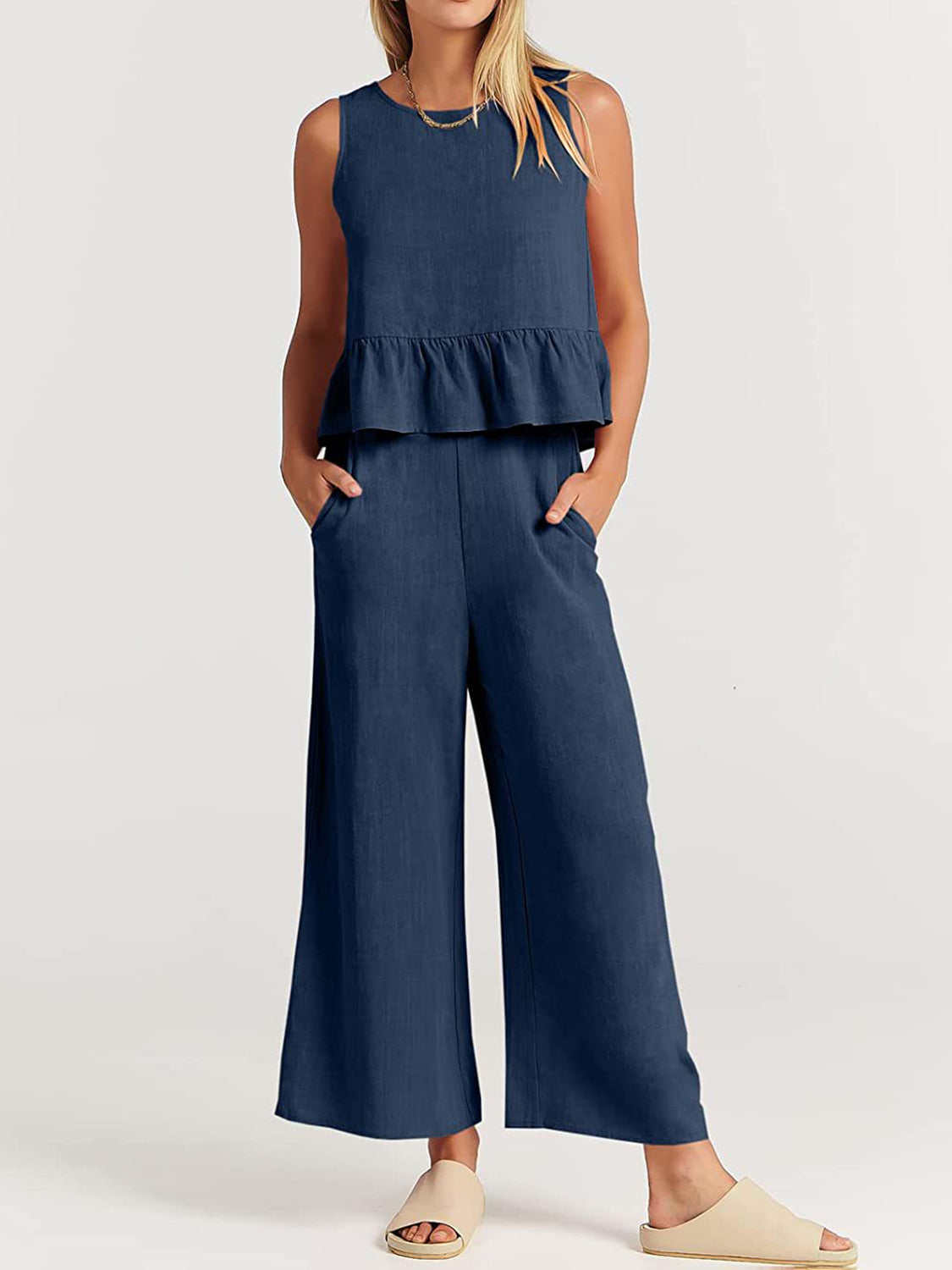 Full Size Round Neck Top and Wide Leg Pants Set - AllIn Computer