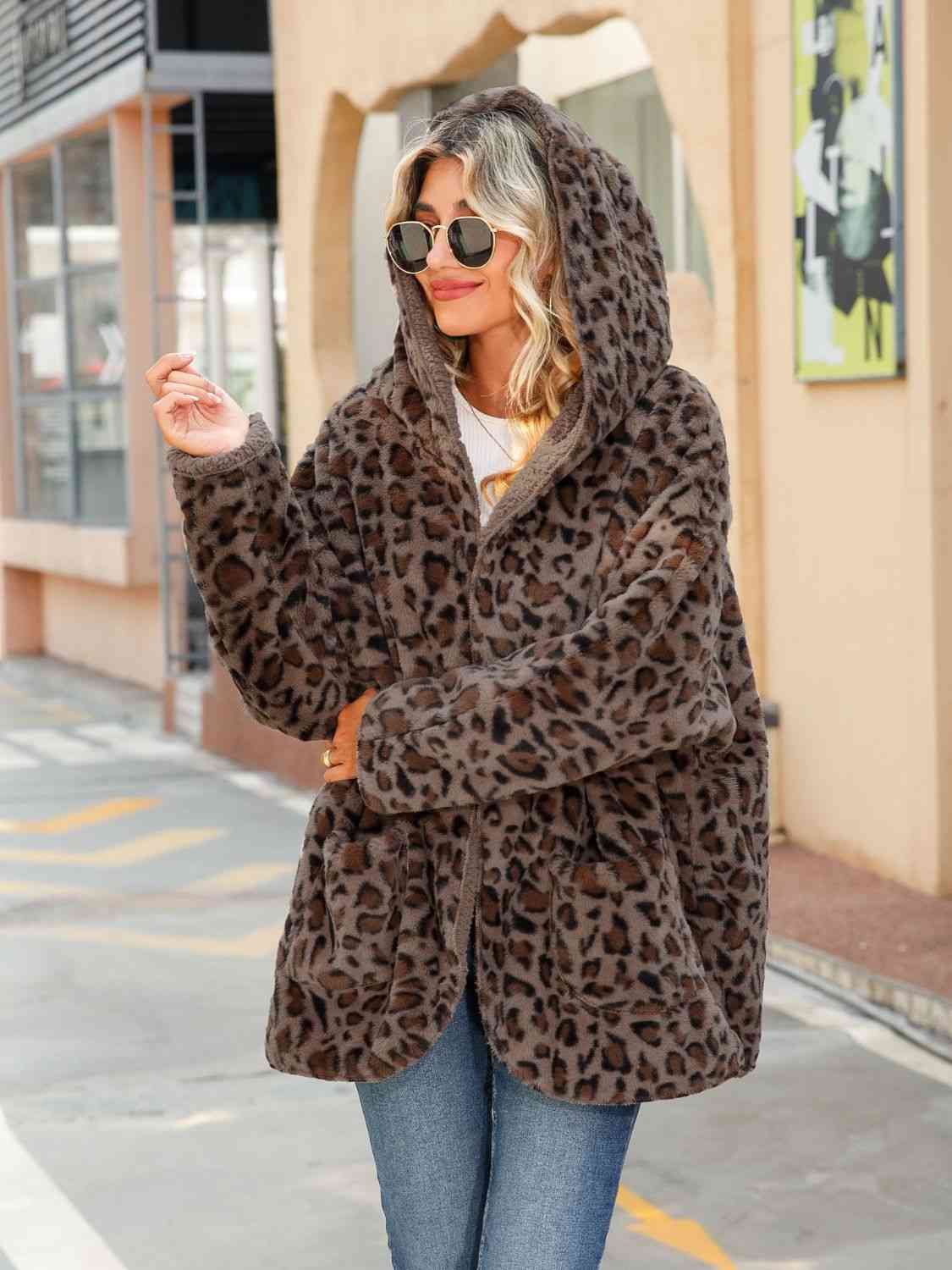 Leopard Hooded Coat with Pockets - AllIn Computer