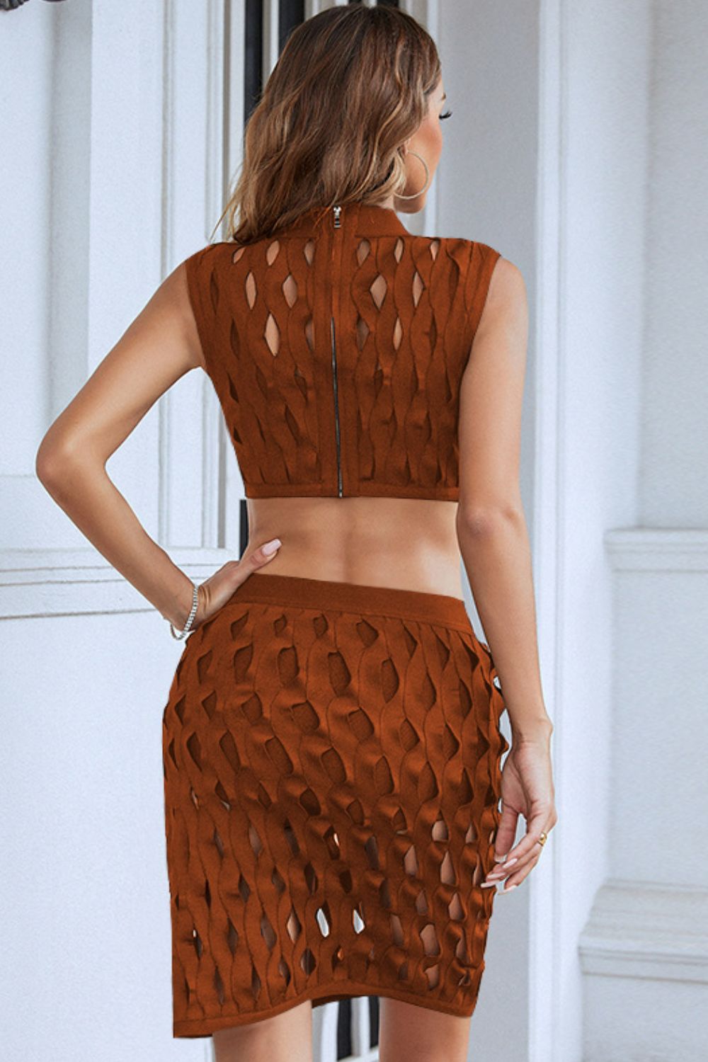 Openwork Cropped Top and Skirt Set - AllIn Computer