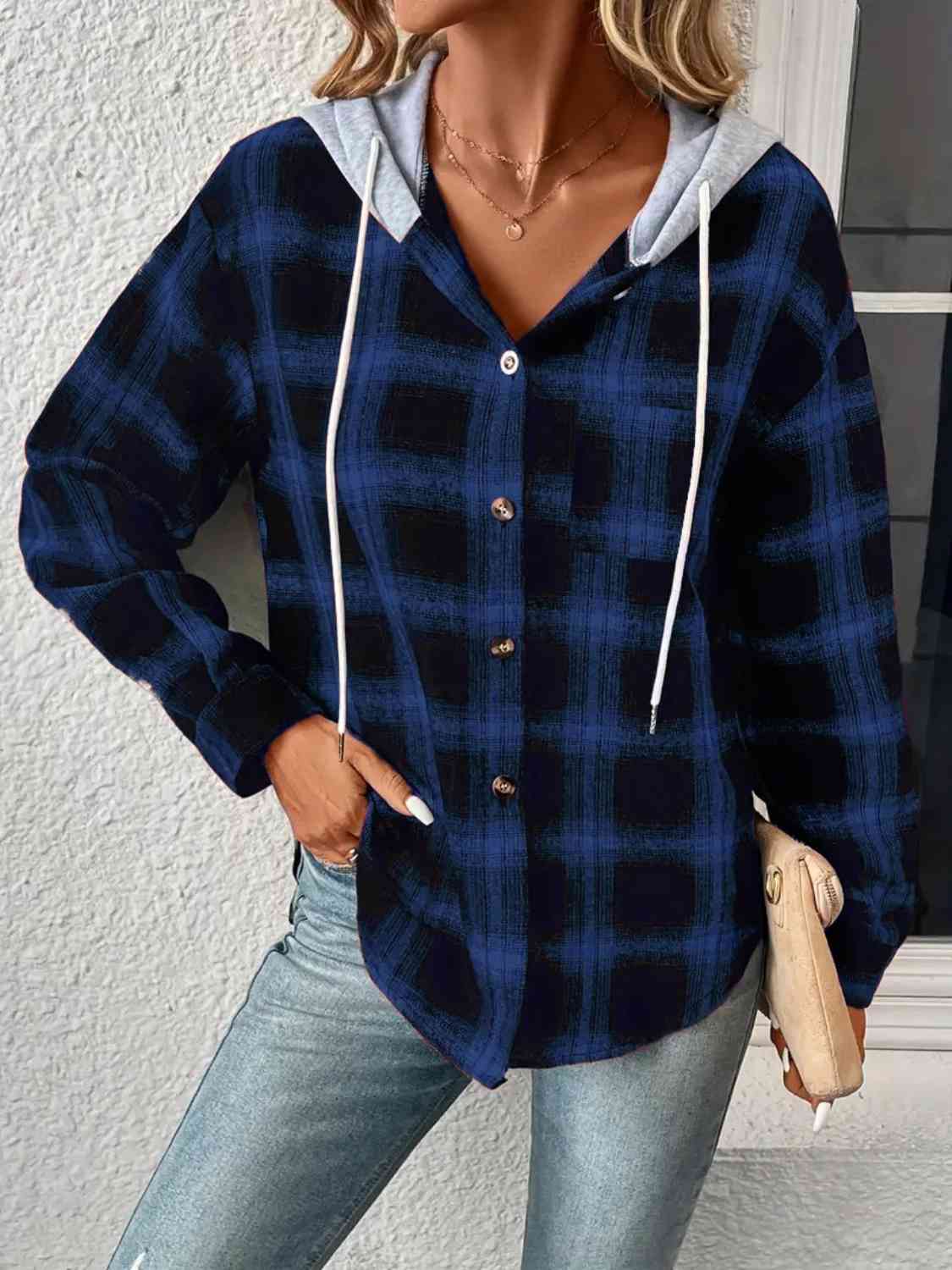 Plaid Drawstring Button Up Hooded Jacket - AllIn Computer