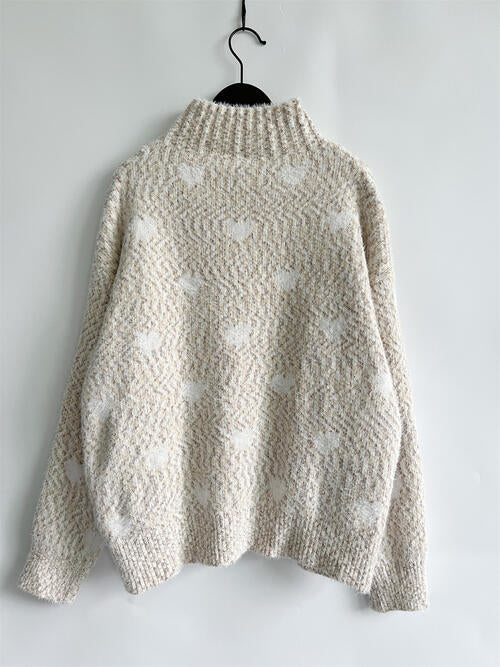 Heart Heathered Turtleneck Drop Shoulder Sweater - AllIn Computer