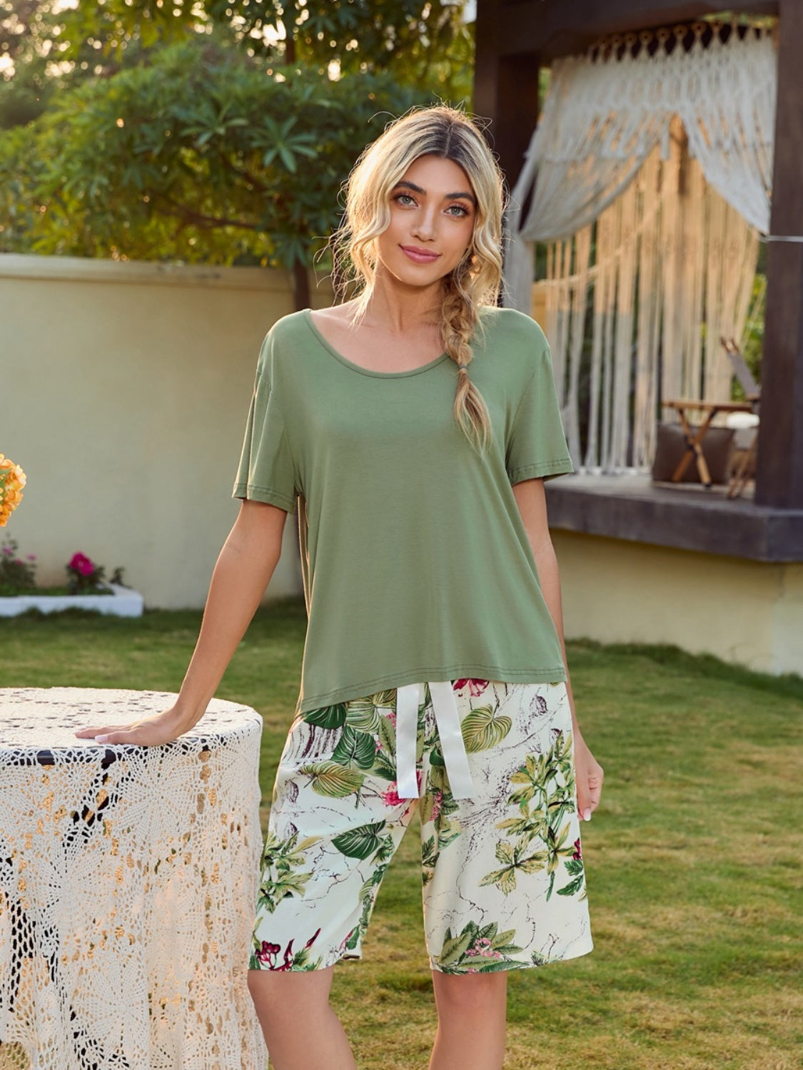 Short Sleeve Top and Printed Shorts Lounge Set - AllIn Computer