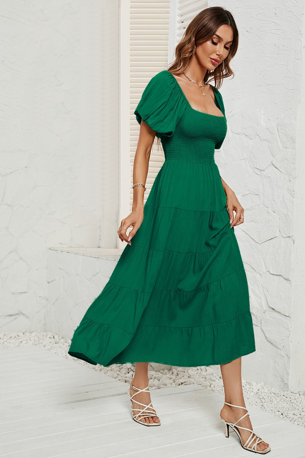 Smocked Square Neck Puff Sleeve Dress - AllIn Computer