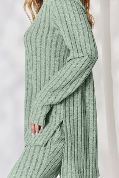 Basic Bae Full Size Ribbed High-Low Top and Wide Leg Pants Set - AllIn Computer