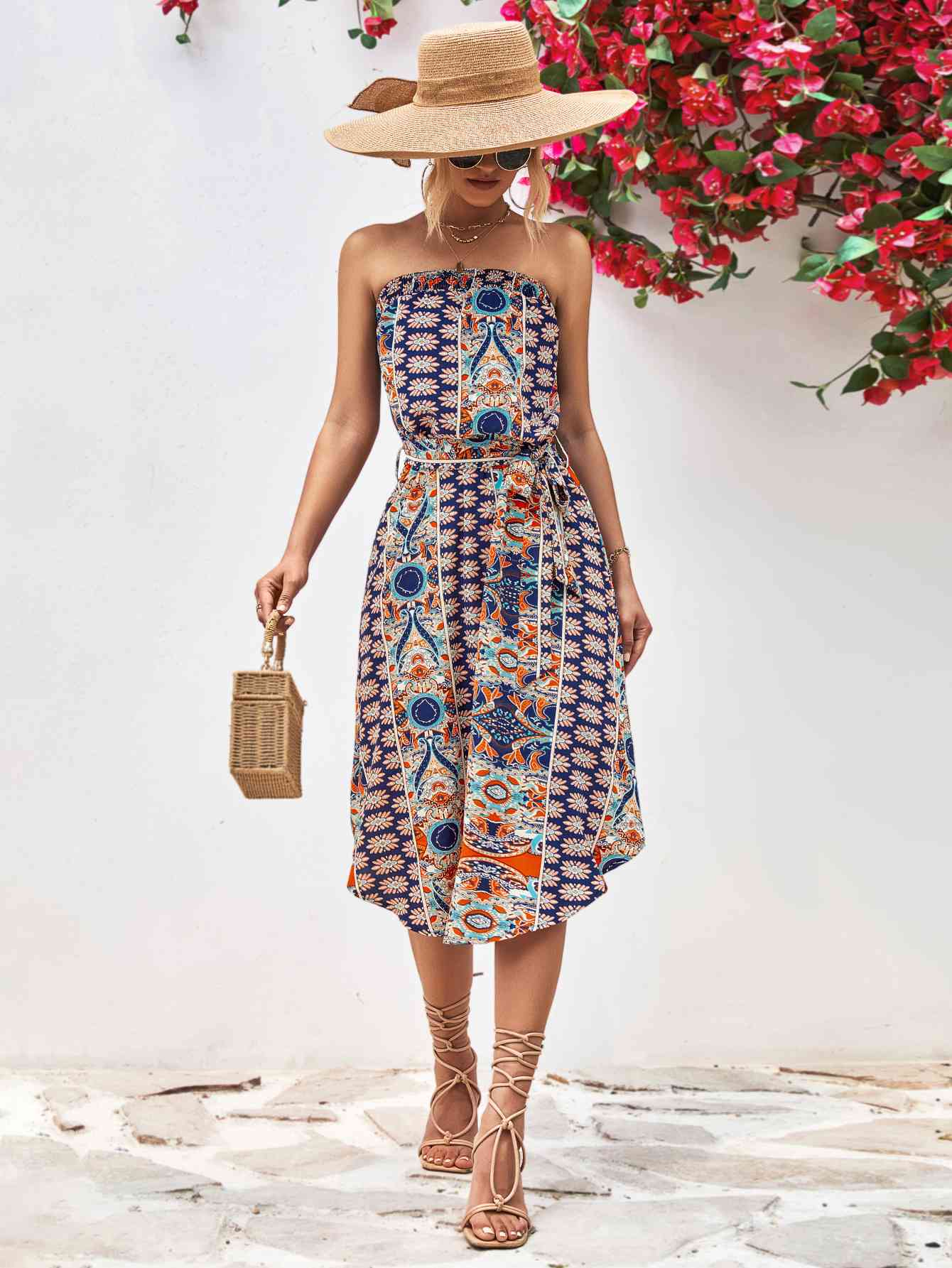 Printed Strapless Tie Belt Dress - AllIn Computer