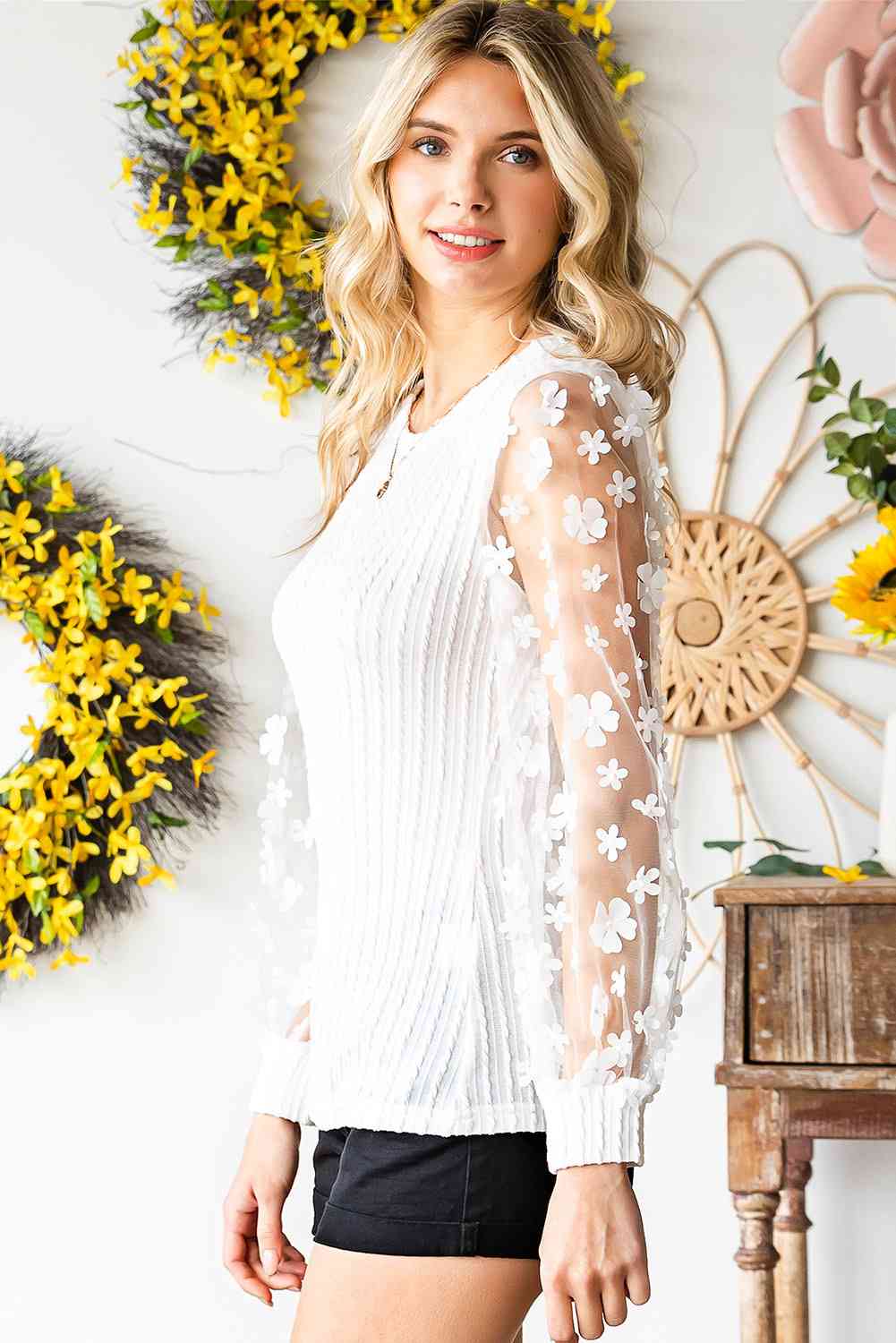 Double Take Textured Applique Long Sleeve Blouse - AllIn Computer