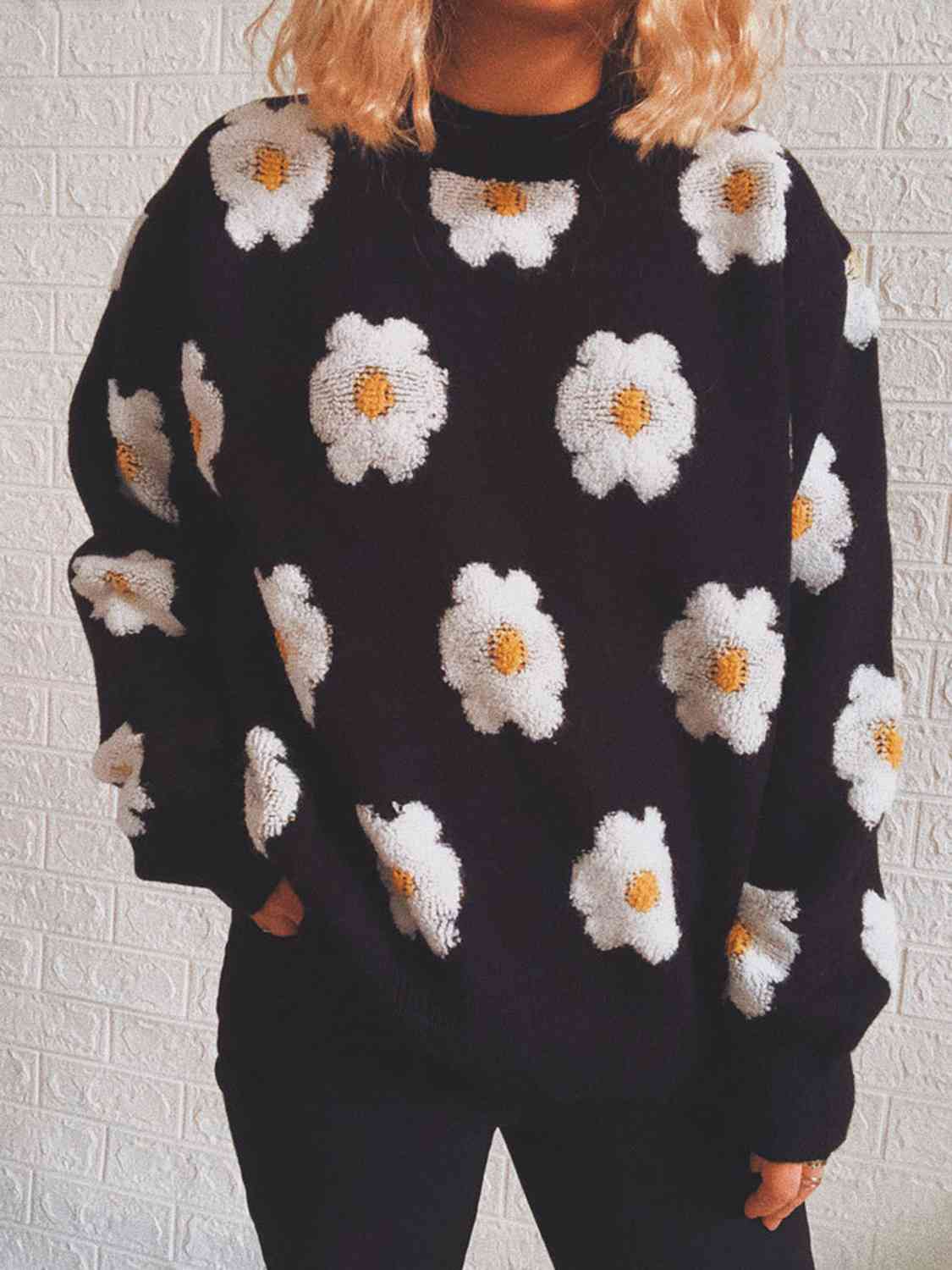 Flower Round Neck Long Sleeve Sweater - AllIn Computer