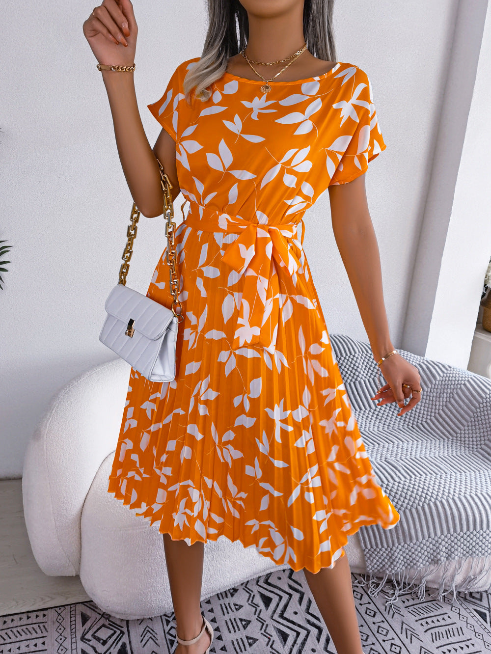 Printed Round Neck Short Sleeve Pleated Dress - AllIn Computer