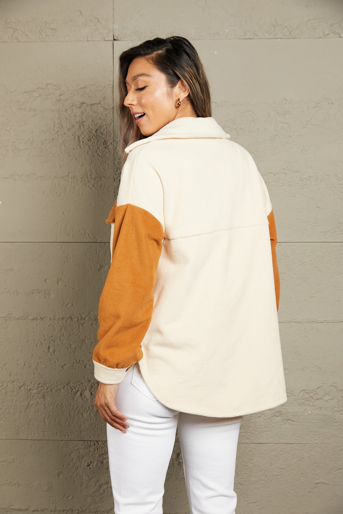 Double Take Contrast Button-Up Fleece Jacket - AllIn Computer