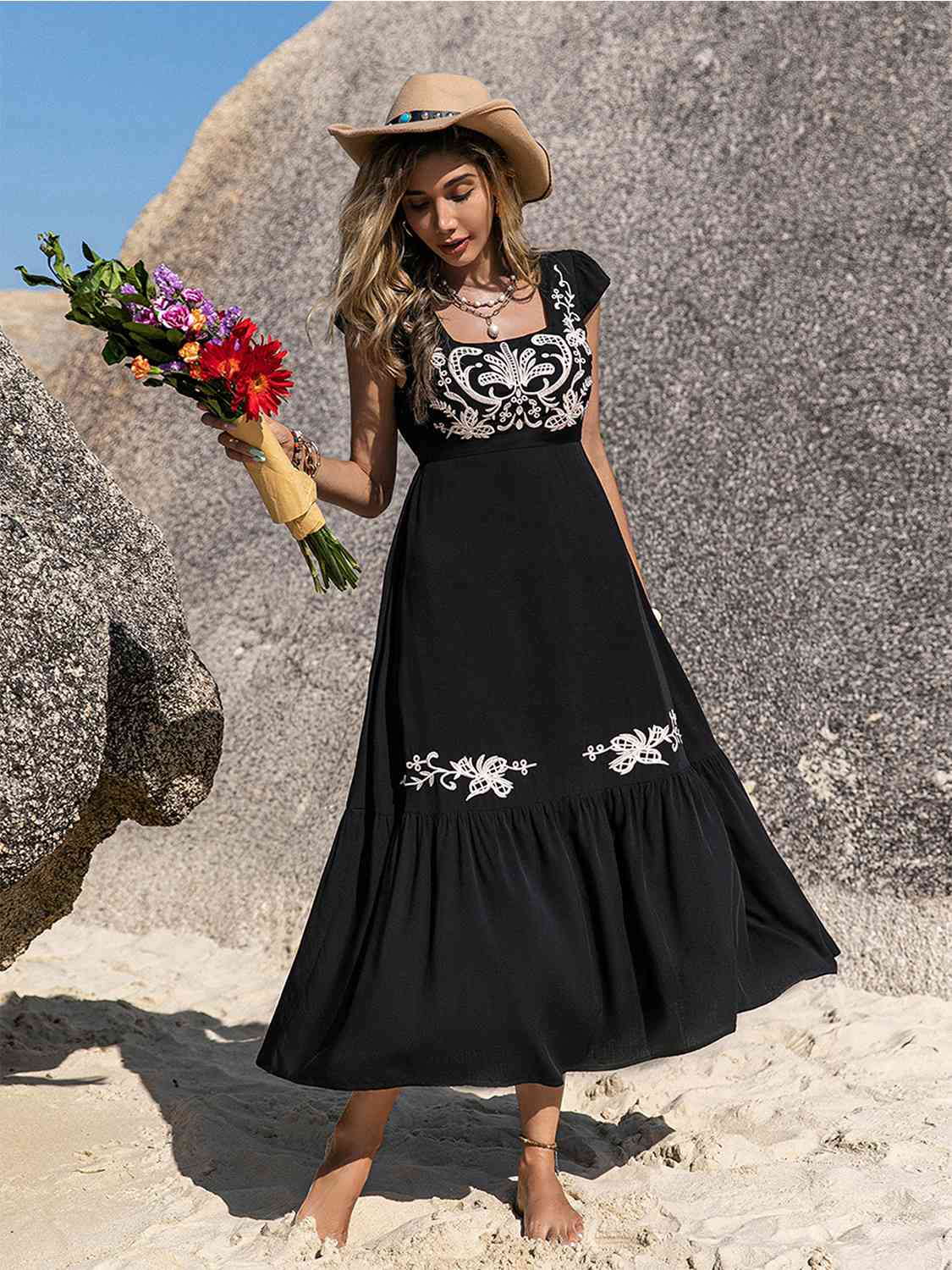 Embroidered Square Neck Ruffle Hem Dress - AllIn Computer