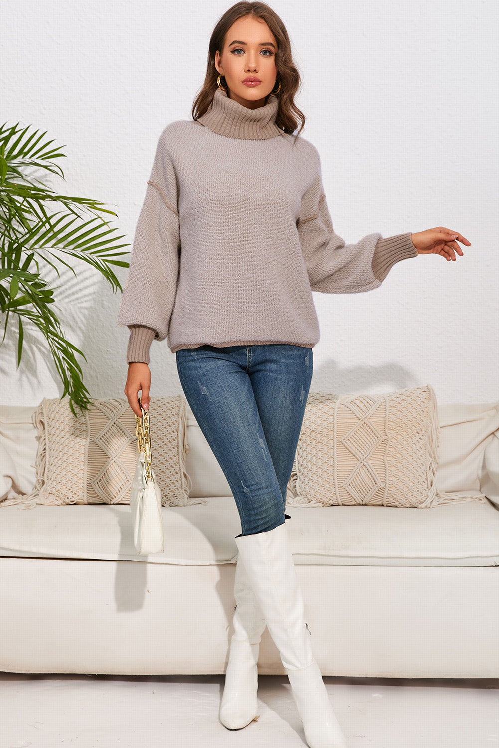 Turtle Neck Dropped Shoulder Sweater - AllIn Computer