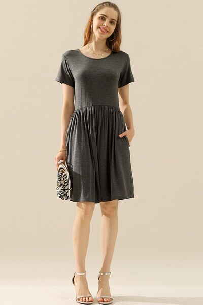 Ninexis Full Size Round Neck Ruched Dress with Pockets - AllIn Computer