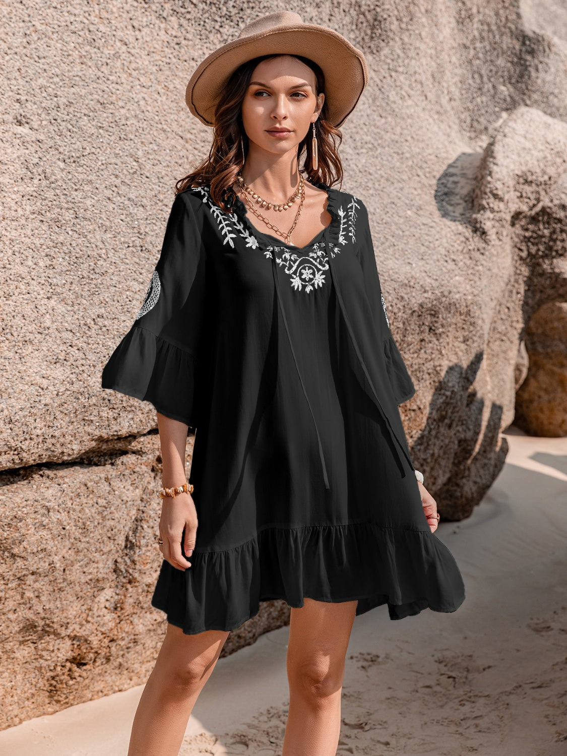 Printed Tie Neck Flounce Sleeve Mini Dress - AllIn Computer