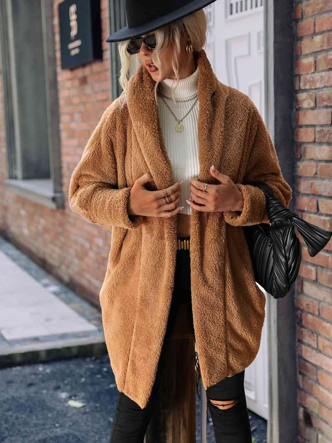 Open Front Hooded Teddy Coat - AllIn Computer