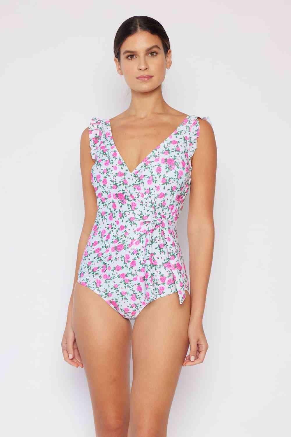 Marina West Swim Full Size Float On Ruffle Faux Wrap One-Piece in Roses Off-White - AllIn Computer
