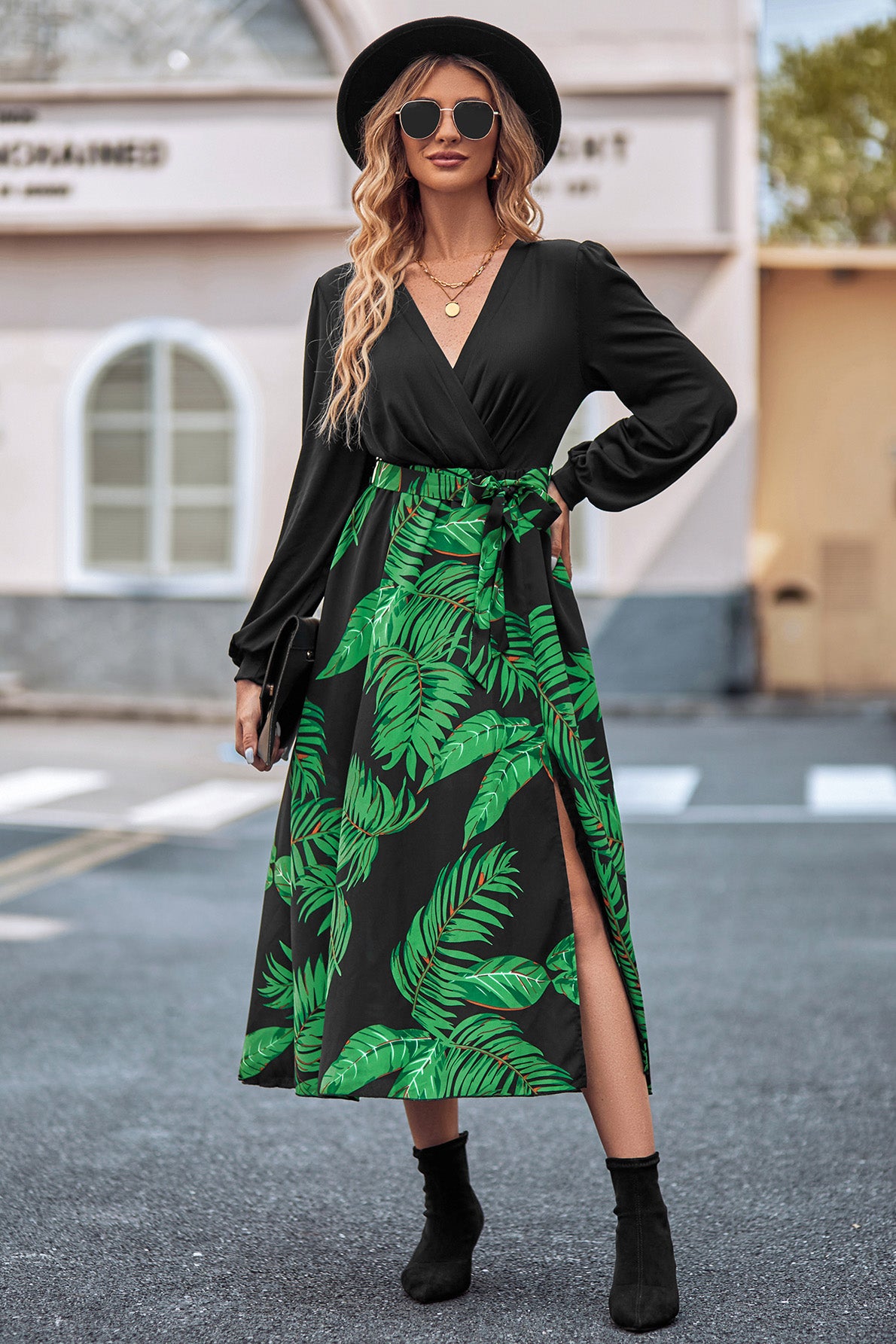 Printed Tie Waist Long Sleeve Dress - AllIn Computer