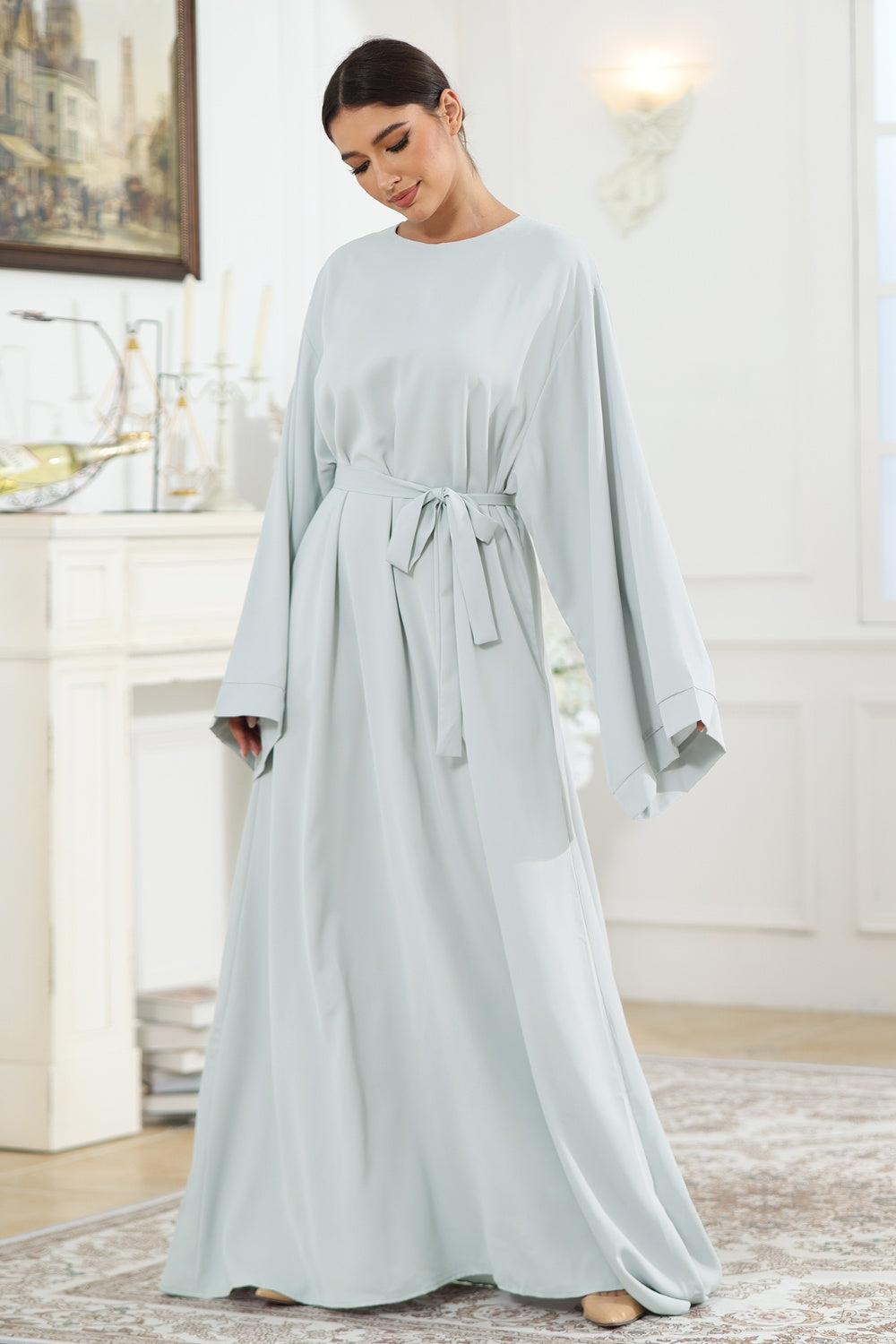 Round Neck Kimono Sleeve Tie Waist Dress - AllIn Computer