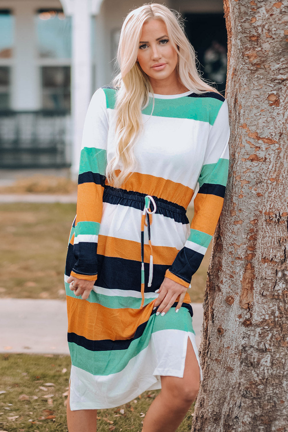 Striped Drawstring Waist Side Slit Midi Dress - AllIn Computer