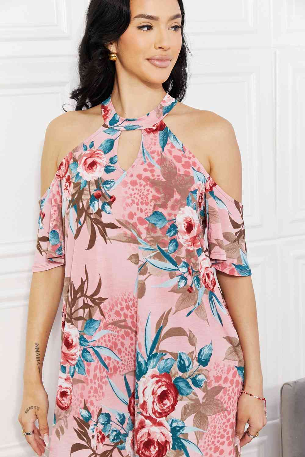 Sew In Love Full Size Fresh-Cut Flowers Cold-Shoulder Dress - AllIn Computer