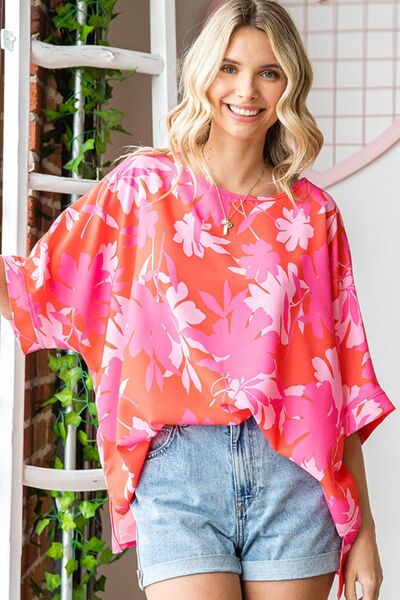 First Love Slit Printed Round Neck Half Sleeve Blouse - AllIn Computer
