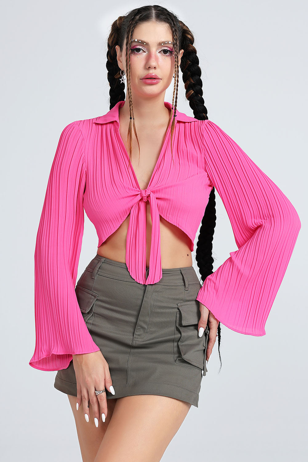 Tie Front Johnny Collar Flare Sleeve Cropped Top - AllIn Computer