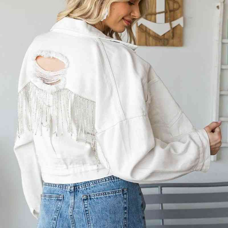 Cropped Collared Neck Dropped Shoulder Denim Jacket - AllIn Computer