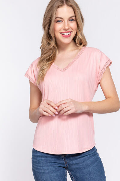 ACTIVE BASIC Lace Trim V-Neck Short Sleeve Ribbed Top - AllIn Computer