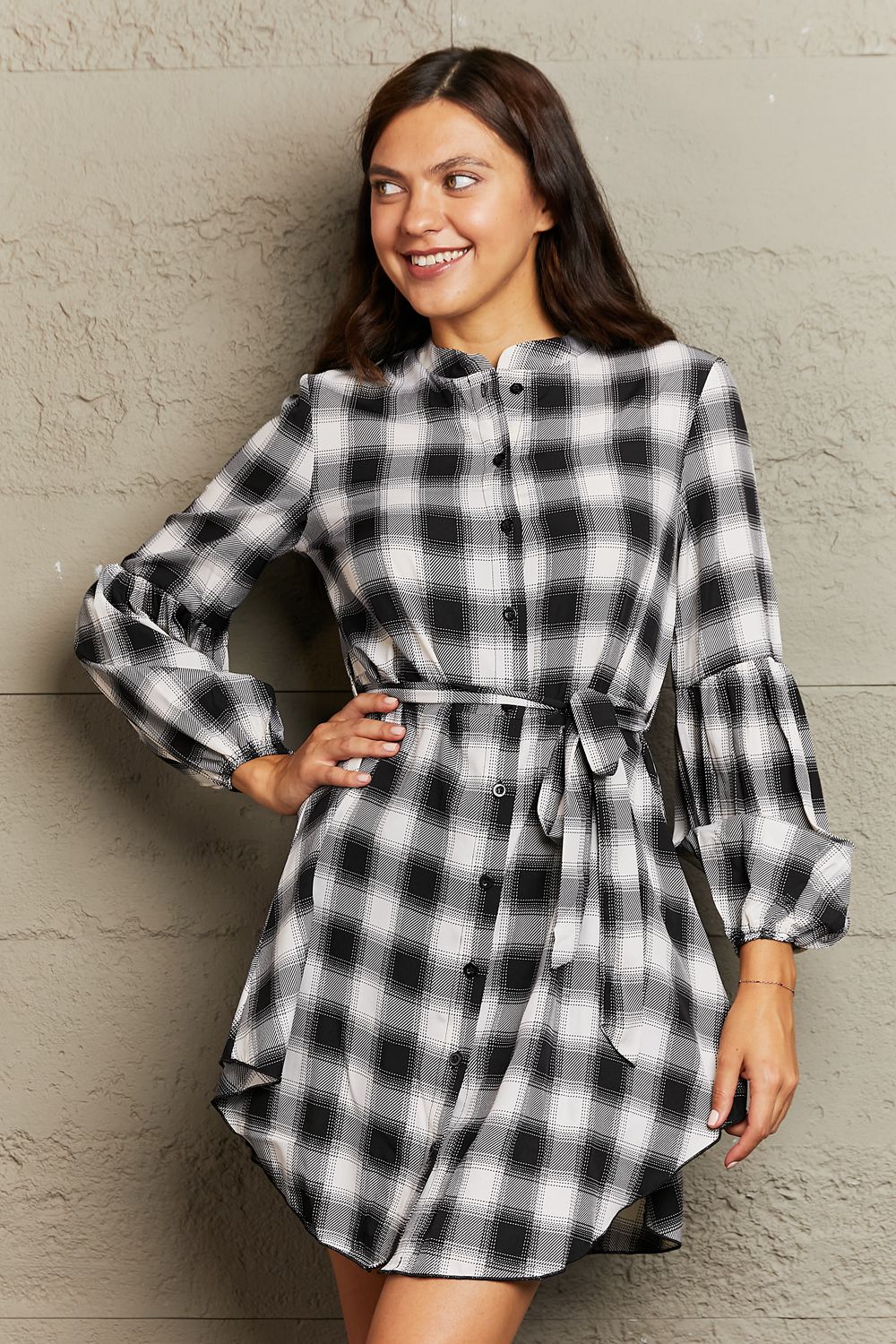 Plaid Tie Waist Lantern Sleeve Mini Dress - AllIn Computer