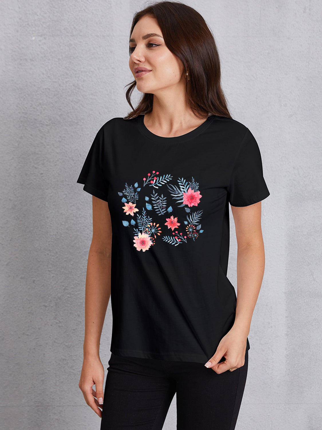 Flower Round Neck Short Sleeve T-Shirt - AllIn Computer