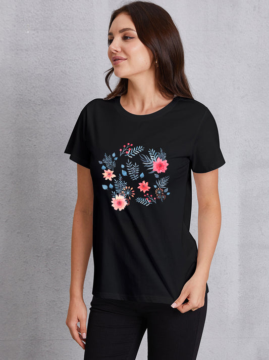 Flower Round Neck Short Sleeve T-Shirt - AllIn Computer