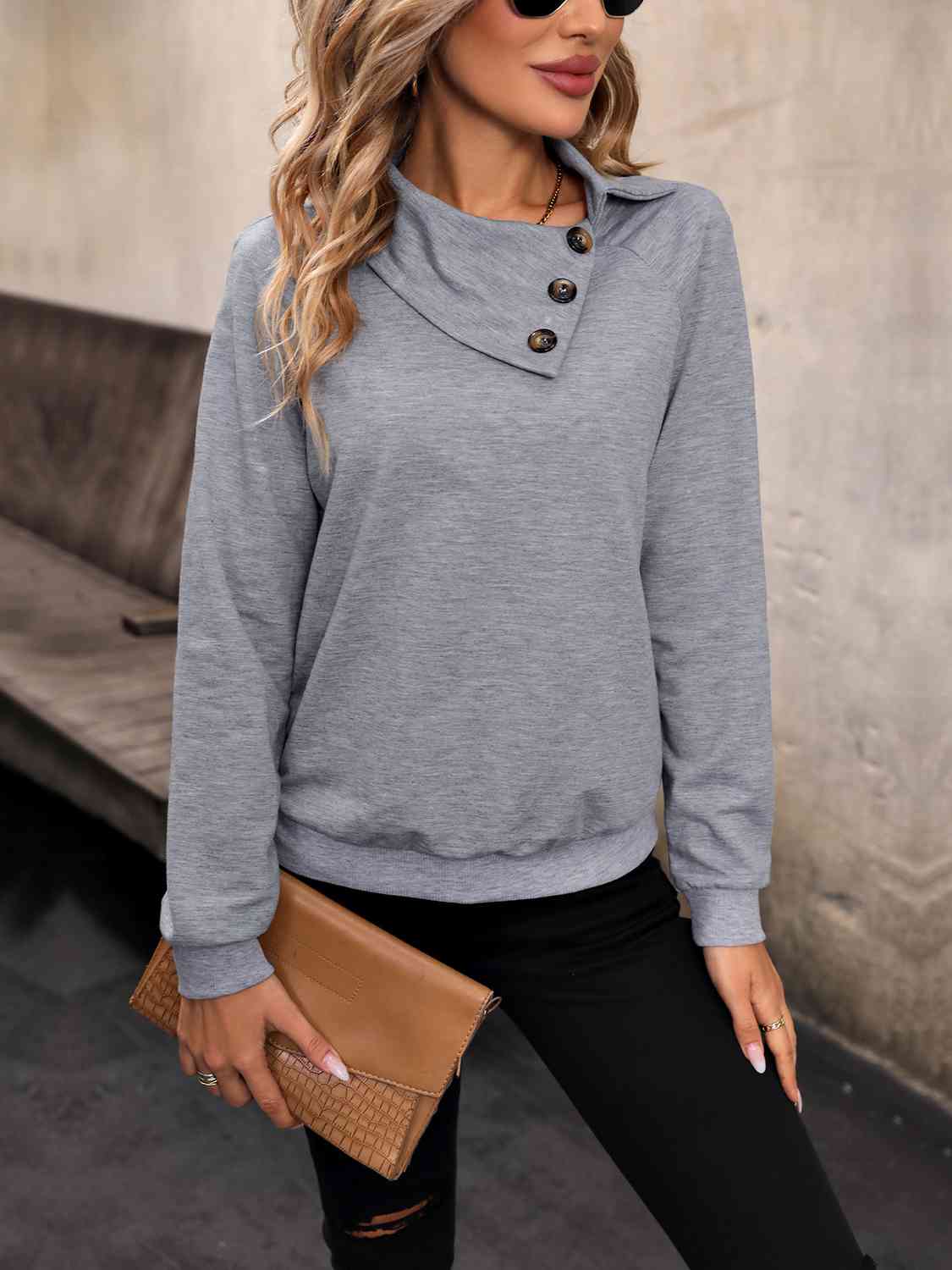 Mock Neck Raglan Sleeve Buttoned Sweatshirt - AllIn Computer