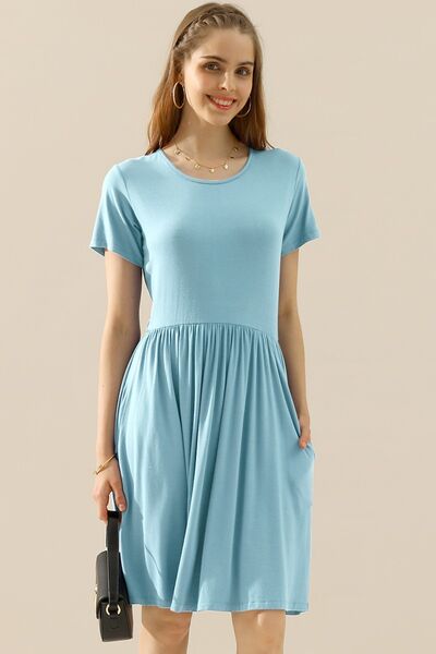 Ninexis Full Size Round Neck Ruched Dress with Pockets - AllIn Computer