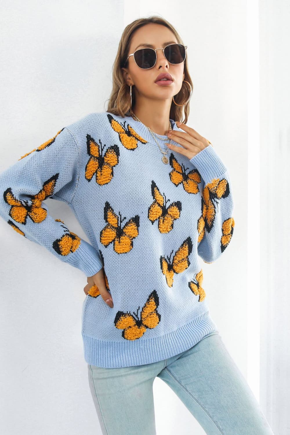 Butterfly Pattern Round Neck Dropped Shoulder Sweater - AllIn Computer