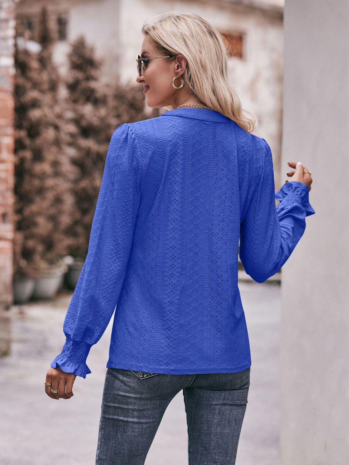 Double Take Eyelet Notched Neck Flounce Sleeve Blouse - AllIn Computer