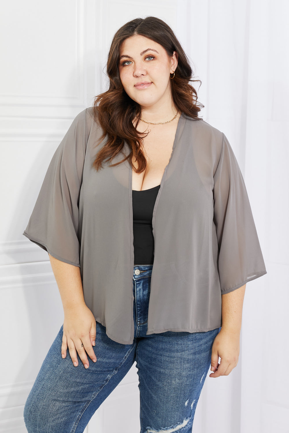 Melody Just Breathe Full Size Chiffon Kimono in Grey - AllIn Computer