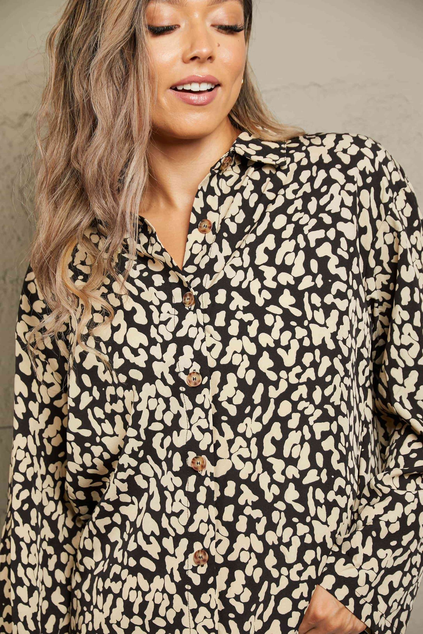 Double Take Leopard Roll-Tap Sleeve Shirt - AllIn Computer