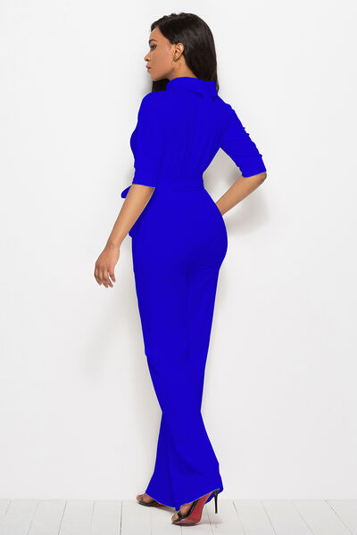 Mock Neck Tie-Waist Half Sleeve Jumpsuit - AllIn Computer
