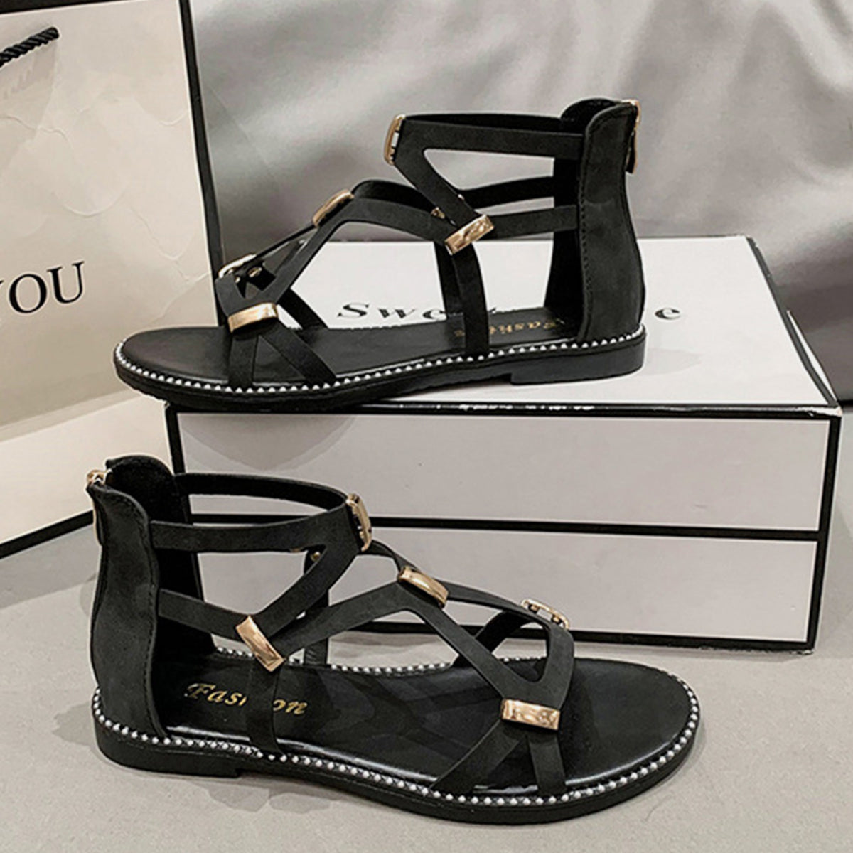 Open Toe Back Zipper Flat Sandals - AllIn Computer