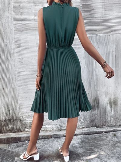Pleated Frill Mock Neck Sleeveless Dress - AllIn Computer