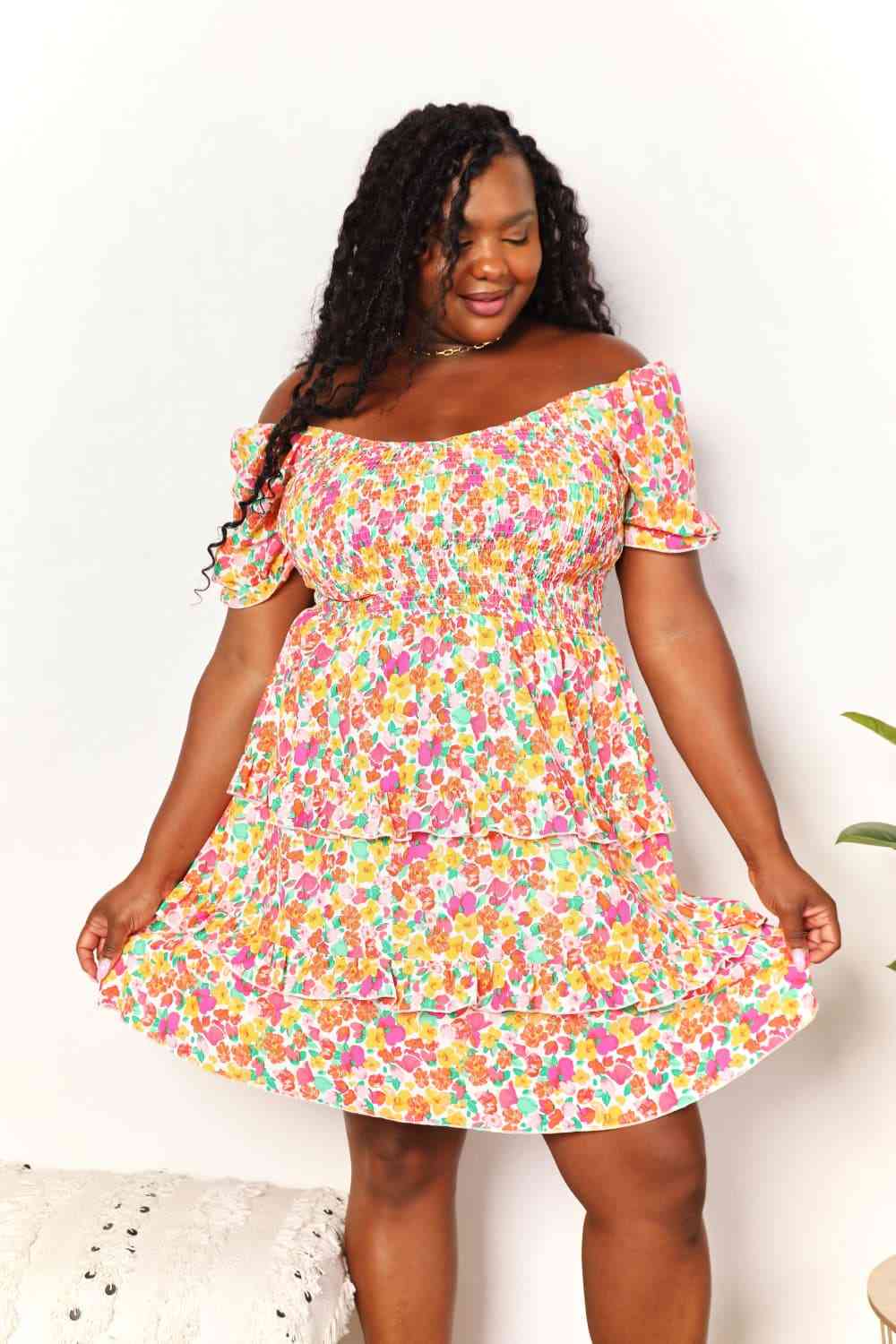 Double Take Smocked Sweetheart Neck Flounce Sleeve Mini Dress - AllIn Computer