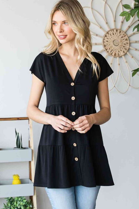 Heimish Full Size Buttoned V-Neck Tiered Top - AllIn Computer