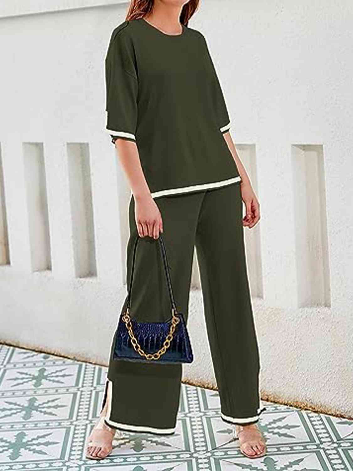 Contrast High-Low Sweater and Knit Pants Set - AllIn Computer