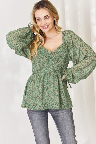 HEYSON Full Size Floral Surplice Peplum Blouse - AllIn Computer