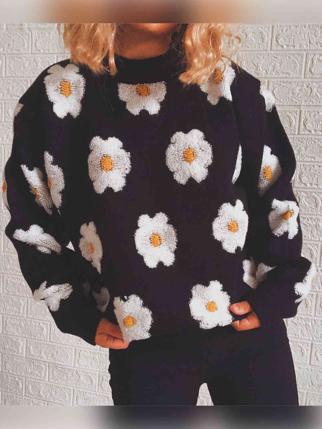 Flower Round Neck Long Sleeve Sweater - AllIn Computer