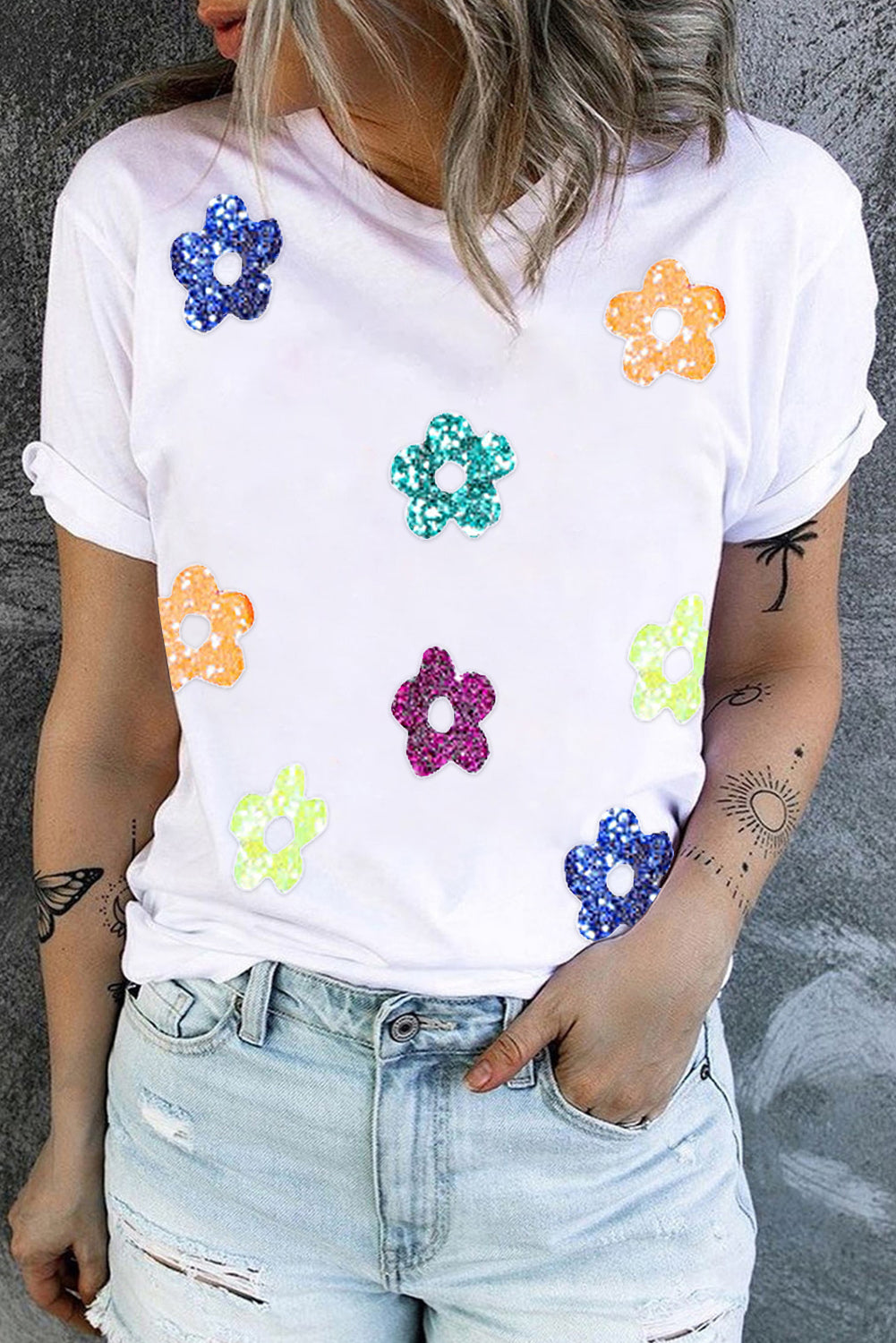 Sequin Flower Round Neck Short Sleeve T-Shirt - AllIn Computer