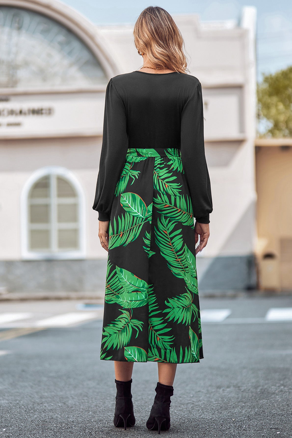 Printed Tie Waist Long Sleeve Dress - AllIn Computer