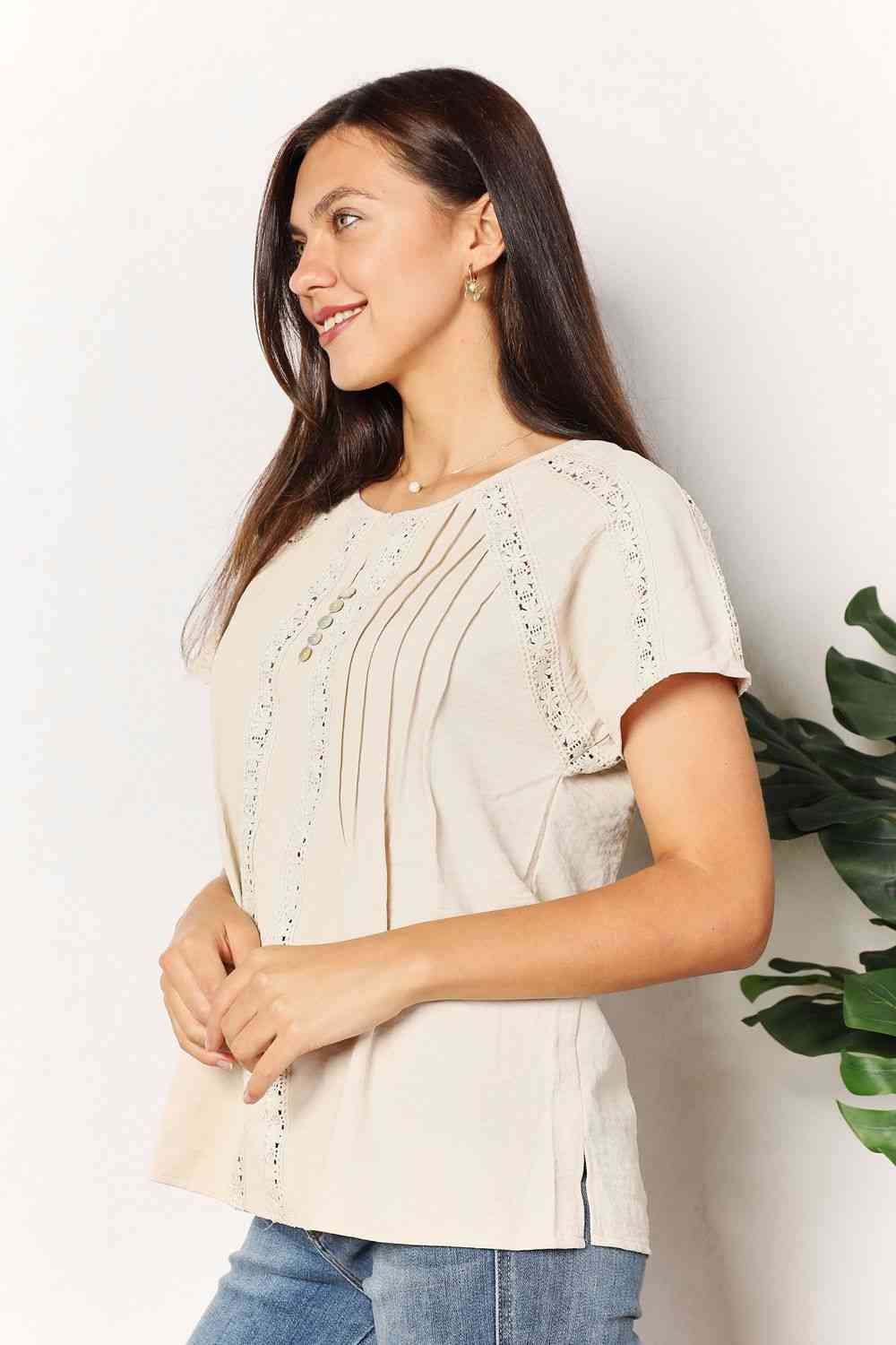 Double Take Crochet Buttoned Short Sleeves Top - AllIn Computer