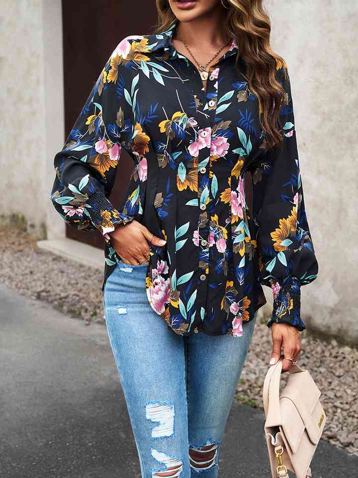 Printed Button-Up Lantern Sleeve Shirt - AllIn Computer