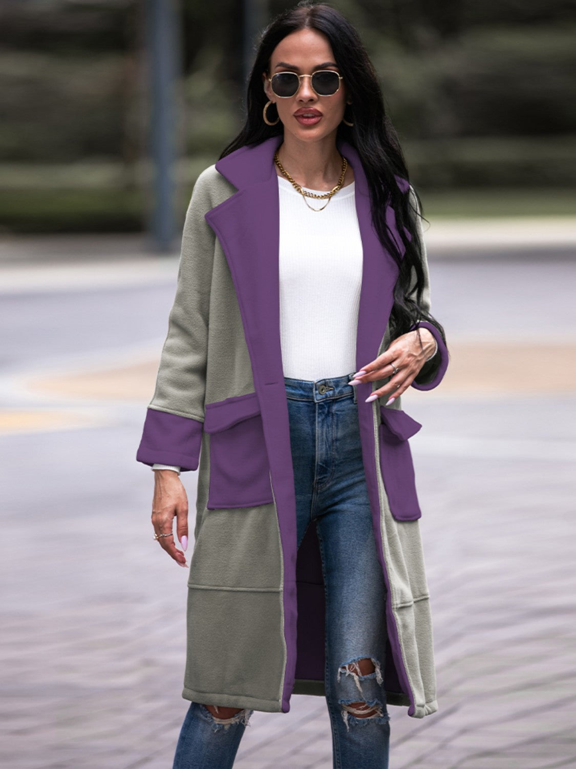 Contrast Lapel Collar Coat with Pockets - AllIn Computer